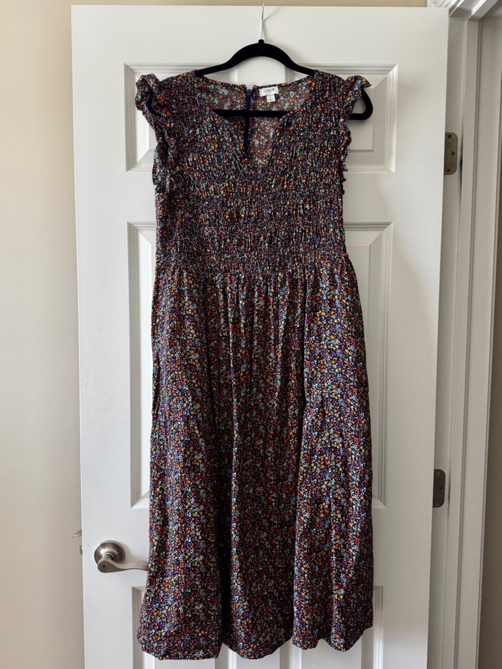 J. Crew Factory Navy Mini Floral Shirred Midi Dress Ruffles